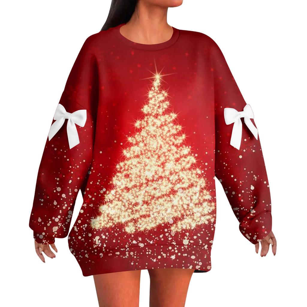 Ladies' Christmas Printed Bow Round Neck Long Sleeved Loose Pullover Sweater Sweatshirt Top