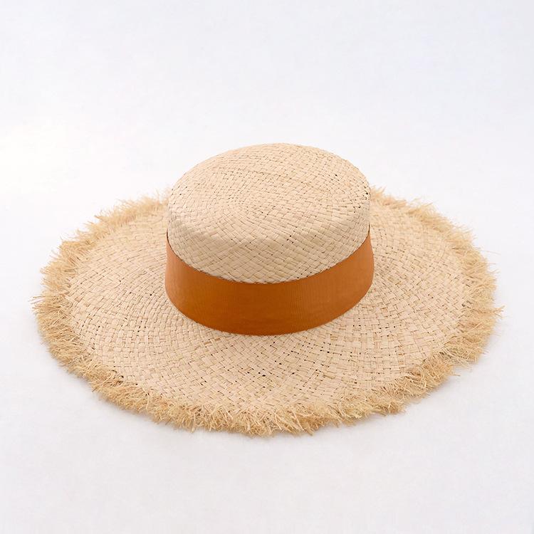 Summer new raffia rough edge flat top big brim straw hat multi-color webbing raffia flat top hat beach hat