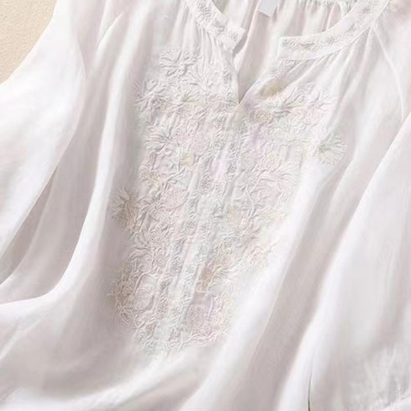 New Shirt T-shirt Solid Color Literary Retro Embroidery Loose V-neck Pullover Top