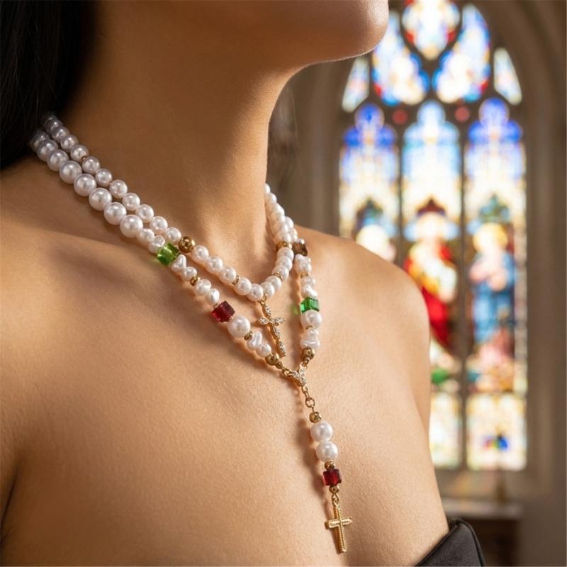 Alloy Imitation Pearls Crosses Necklace Skin Friendly Designs French Vintage for Comfortable All Day Wear