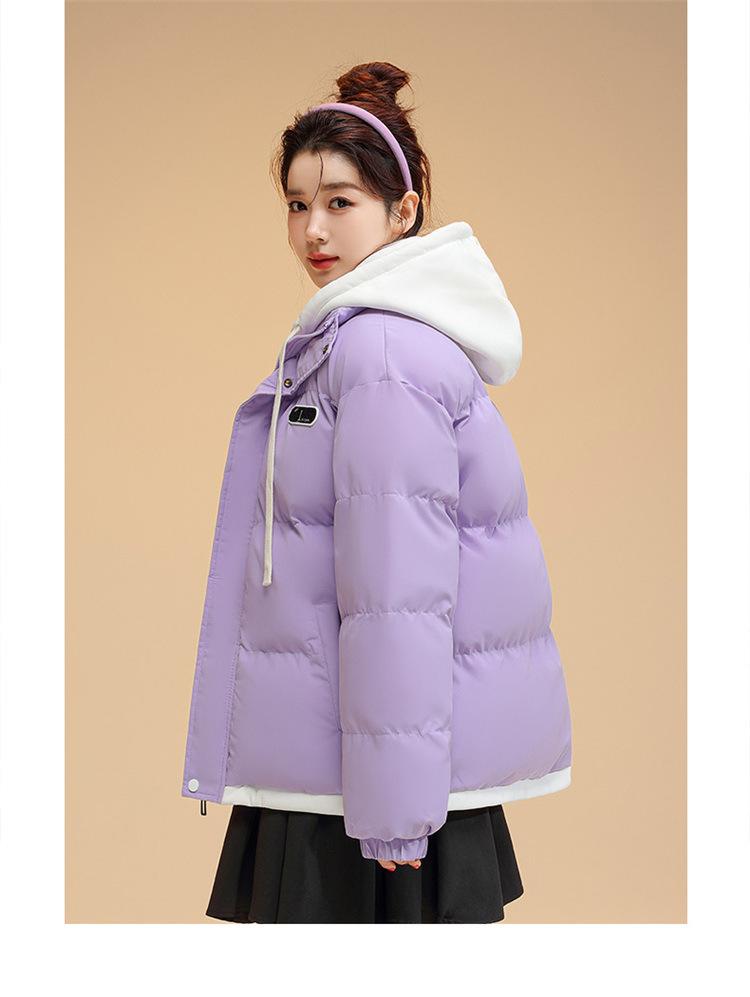 Drawstring Fake Two-piece Women's Autumn and Winter Jacket Short Hooded Jacket Loose Casual Student Warm Jacket 6 Colors