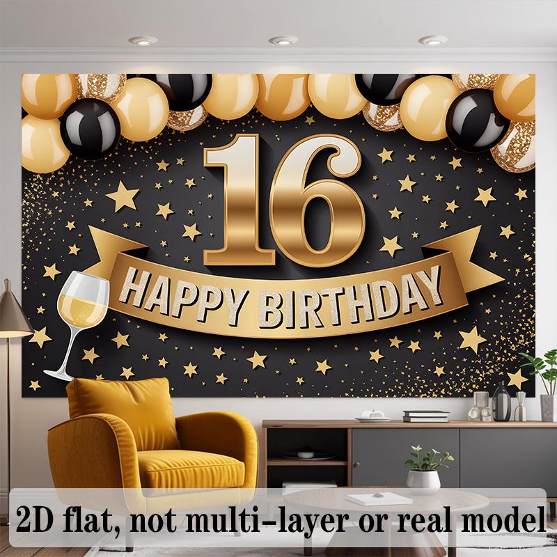 Golden 16th Birthday Banner, Balloons Photo Backdrop Wall Decor for Party