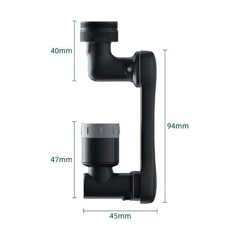 1080° Universell drehbare Wasserhahn-Sprühkopf Schwarz Dualer Auslauf Waschtisch Küche Roboterarm Verlängerungsarmaturen Belüfter Sprudler