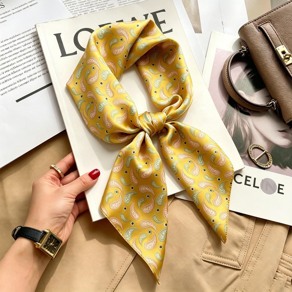 Autumn and winter Maillard cashew square scarf silk scarf women's shirt versatile neck small scarf tied hair decorative scarf