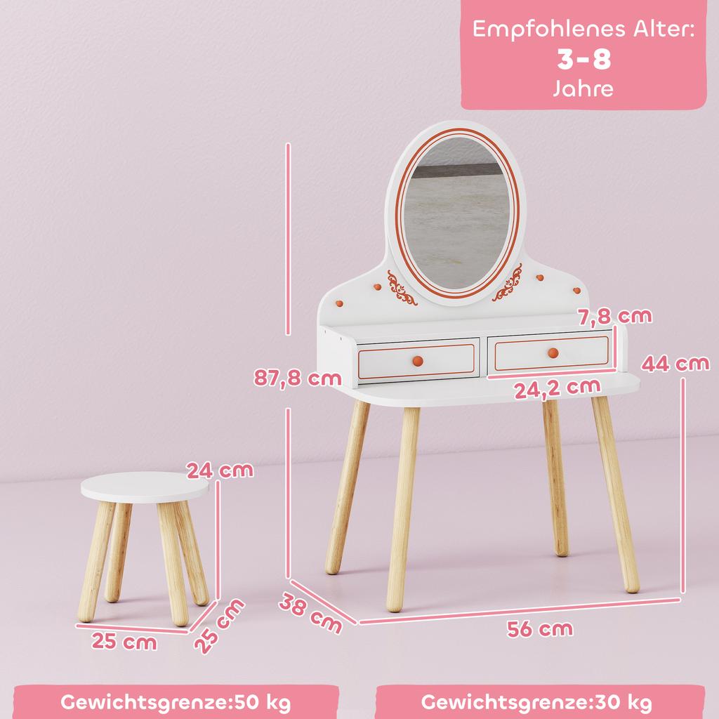 Kids Vanity Table Set Dressing Table with Stool Mirror Drawers Clothes Rails for 3-8 Years 56 X 38 X 87.8 Cm White