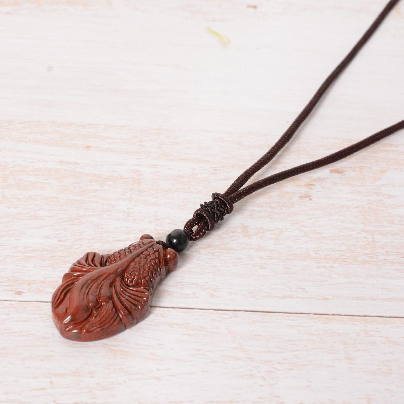 Natural Bloodstone & Golden Jade Small Goldfish and Red Iridium Dragon Stone Pendant Necklace