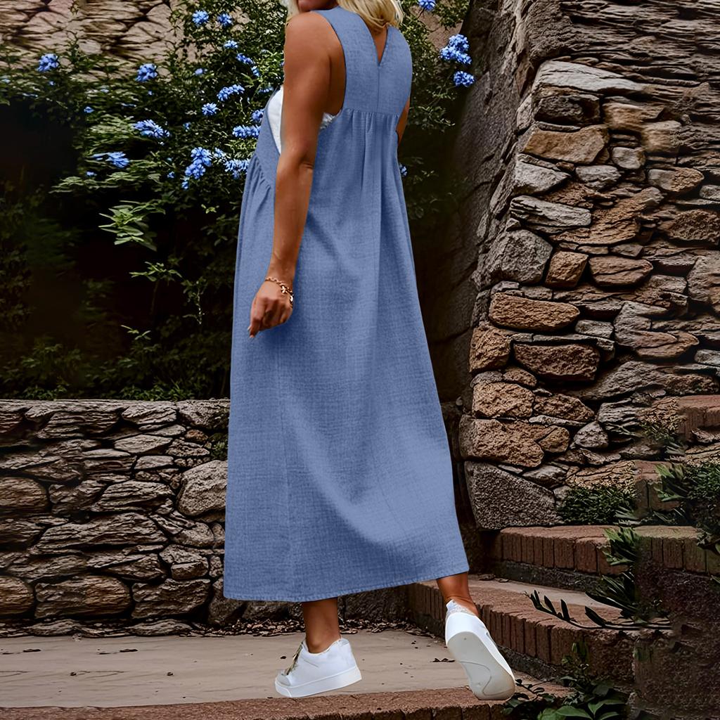 Women Sleeveless Solid Color Pinafore Dress Long Casual Loose Fit Adjustable Strap Maxi Dress with Pockets