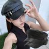 HOT Retro Black Pu Leather Berets Hat British Style Painter Hat Flat Top Visor Outdoor Sunscreen Hat Octagonal Newsboy Cap