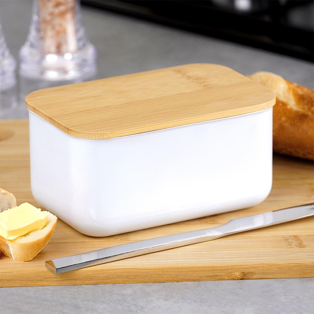 White Steel Bamboo Butter Dish Kitchen Container for Butter