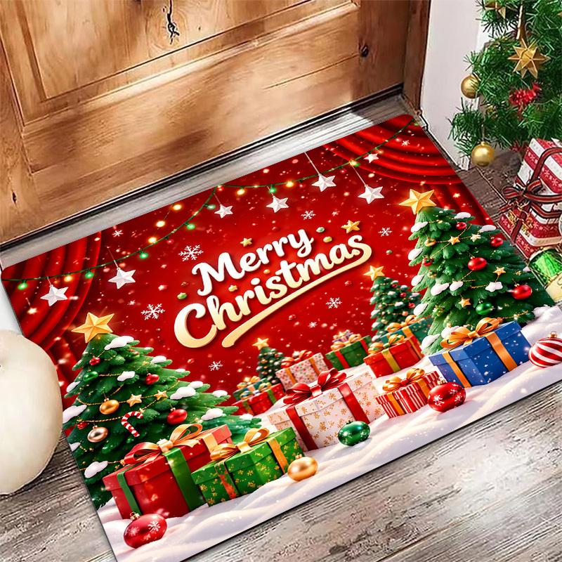 Candy Cane Bow Holiday Welcome Carpet  Star Holly Berry Print Non Slip Indoor Entrance Rug For Winter Theme Home Decor