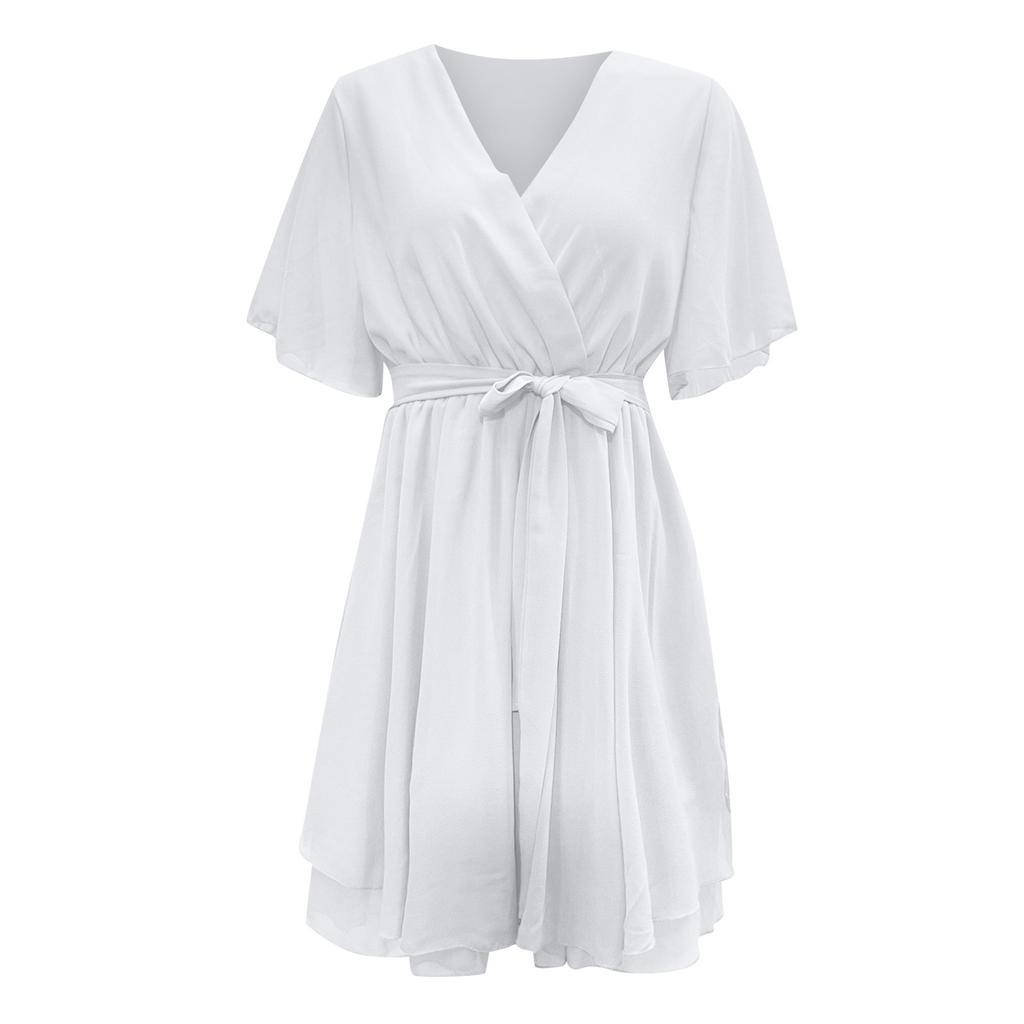 Damen V-Ausschnitt Kleid Sommer Kreuzgurt Rüschensaum Chiffon Lässige Strandkleider