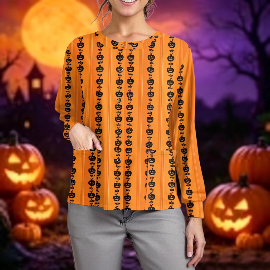 Women's Casual Long Sleeve Single Breasted Cardigan Halloween Pumpkin Print Workwear Shirt Top for Caregivers Lightweight Comfortable