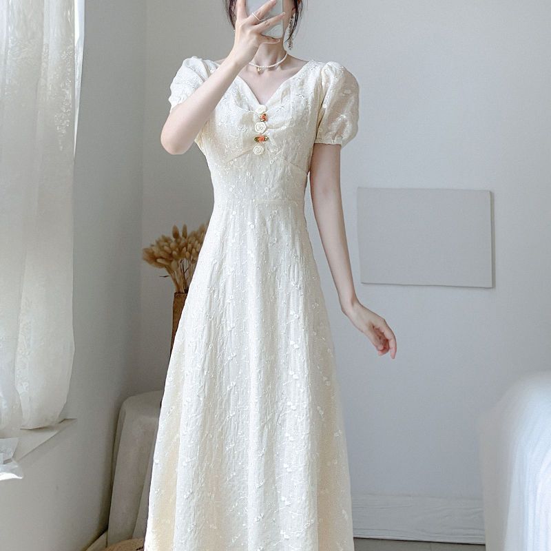 Summer Sweet Slimming Knee-Length Chiffon Long Dress Temperament Waist-Cinching V-Neck Fairy-like Flowy Dress