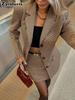 Vintage Check Blazer Mini Skirt Set Women Loose Stand Collar Small Blazer High Waist A-Line Half Skirt