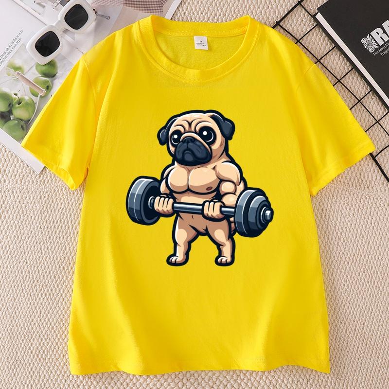 Pug Bodybuilding Weightlifting T Shirt Kawaii Cute Graphic T Shirts Casual Round Neck Printed Short Sleeve Tees Clothes