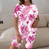 Women Plus Size Round Neck Short Sleeve Tropical Leaf Printed Two Piece Set Longline Top Fitted Shorts