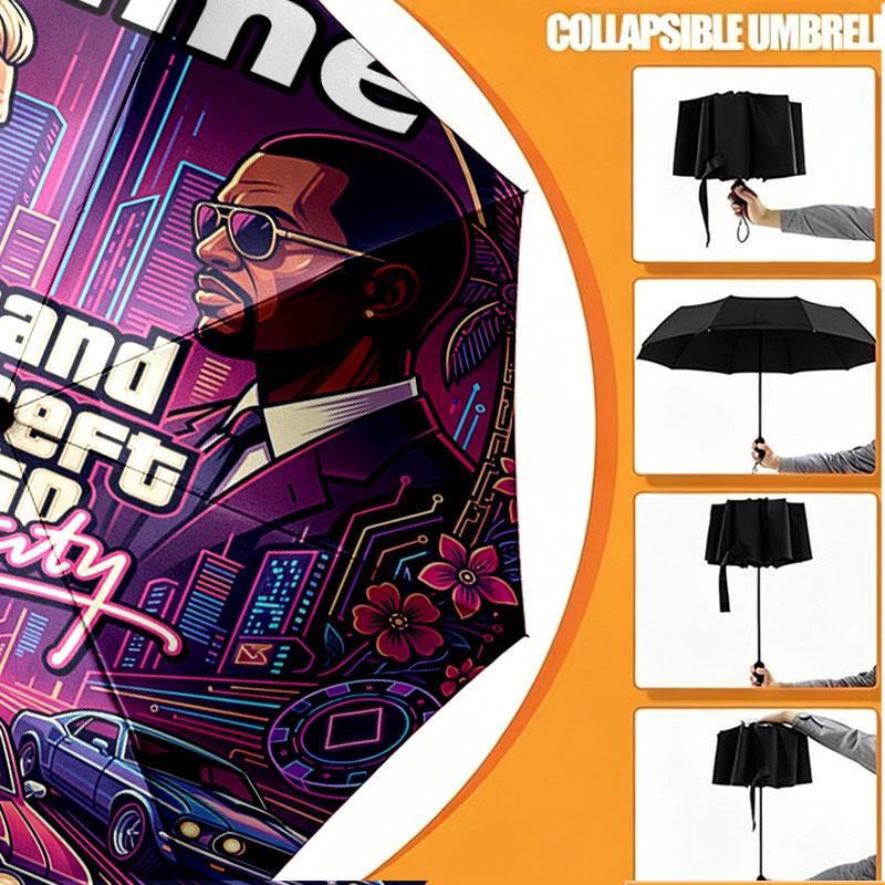 Custom Name Personalized Grand Theft Auto Print Umbrella, Auto Open Close, 8‑Rib Sturdy Frame, Commute Camping Hiking Use, Birthday Gift