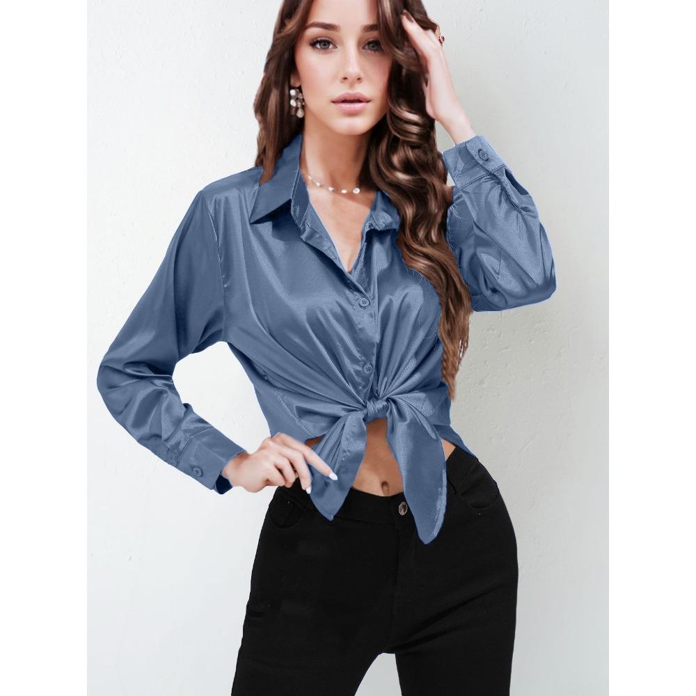 GMXIA Sateng Silkelignende Langermet Ensfarget Skjorte for Kvinner, Elegant Knappedetalj foran med Krage