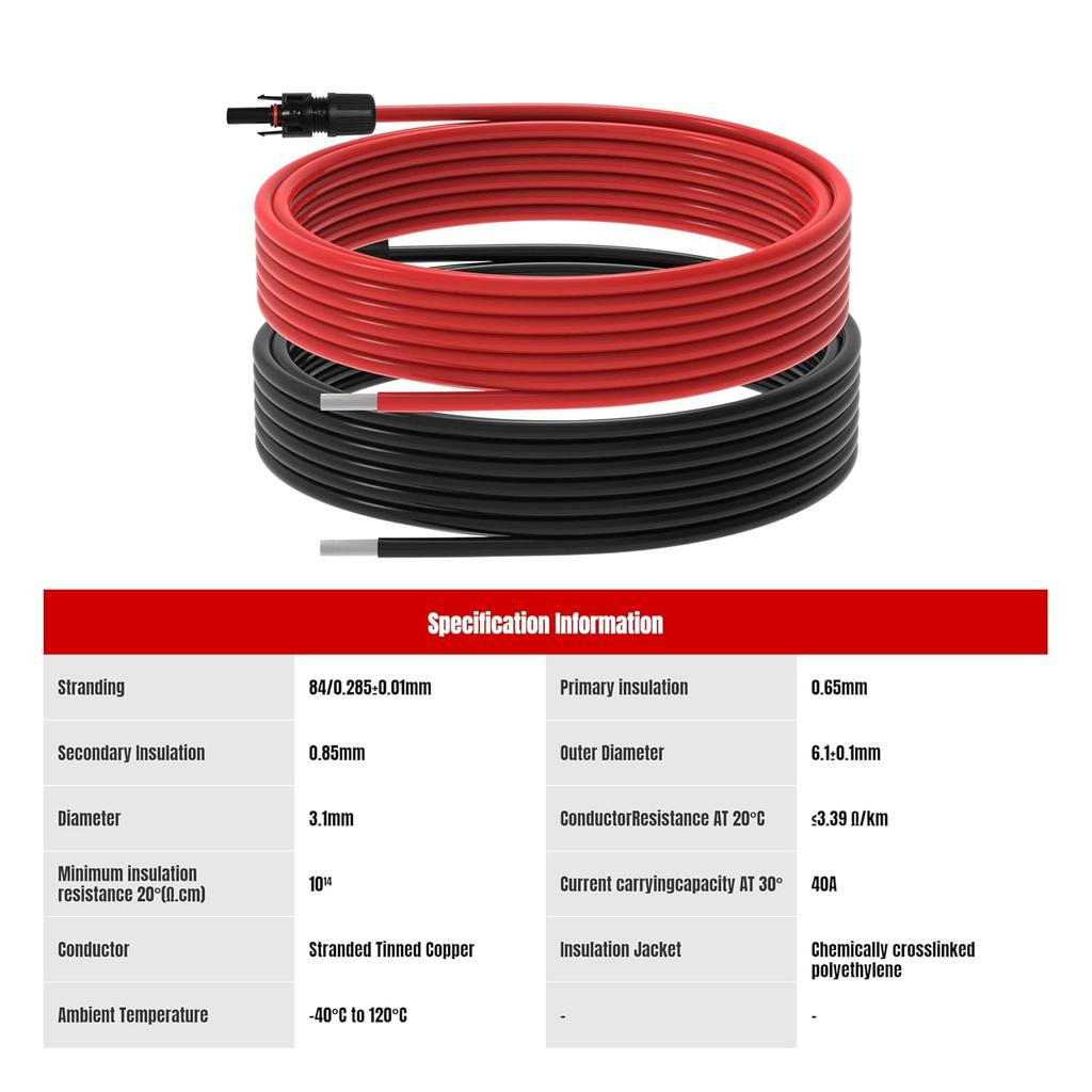 20Ft 10AWG Solar Panel Extension Cable, 10 AWG Solar Extension Cable 10 Gauge 20 Feet Solar Wire with Solar Panel Female Male Waterproof Connectors