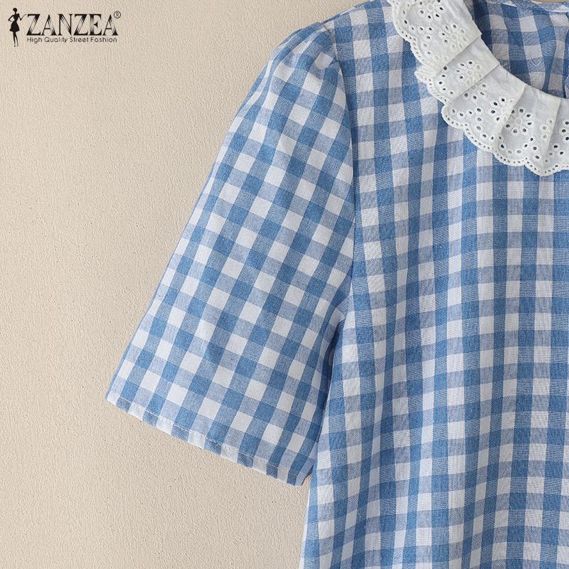 ZANZEA Damen Patchwork Rundhals Casual Kurzarm Bluse mit Karomuster