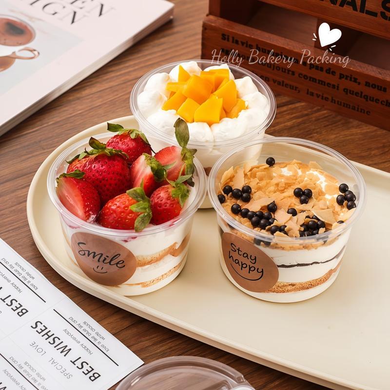 10pcs Round Pudding Cups With Lids And Spoons Transparent Mousse Cake Boxes Yogurt Cups For Birthdays Graduation Seasons Parties