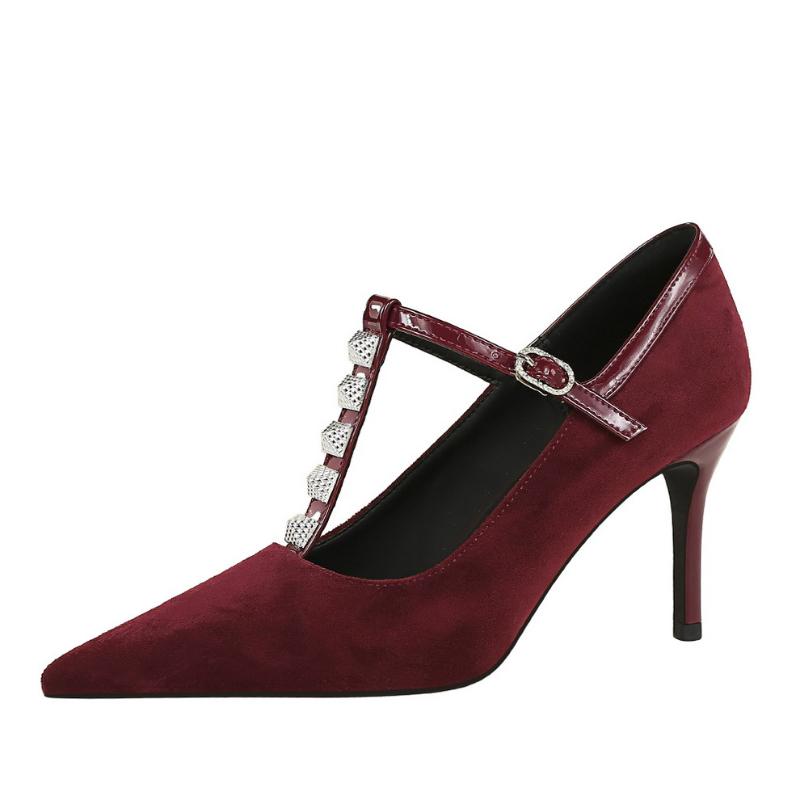 Fashion European And American Style Fashionable Silver Rivet High Heels Women's Suede Light Mouth Thin Heel Sexy Nightclub Single Shoes