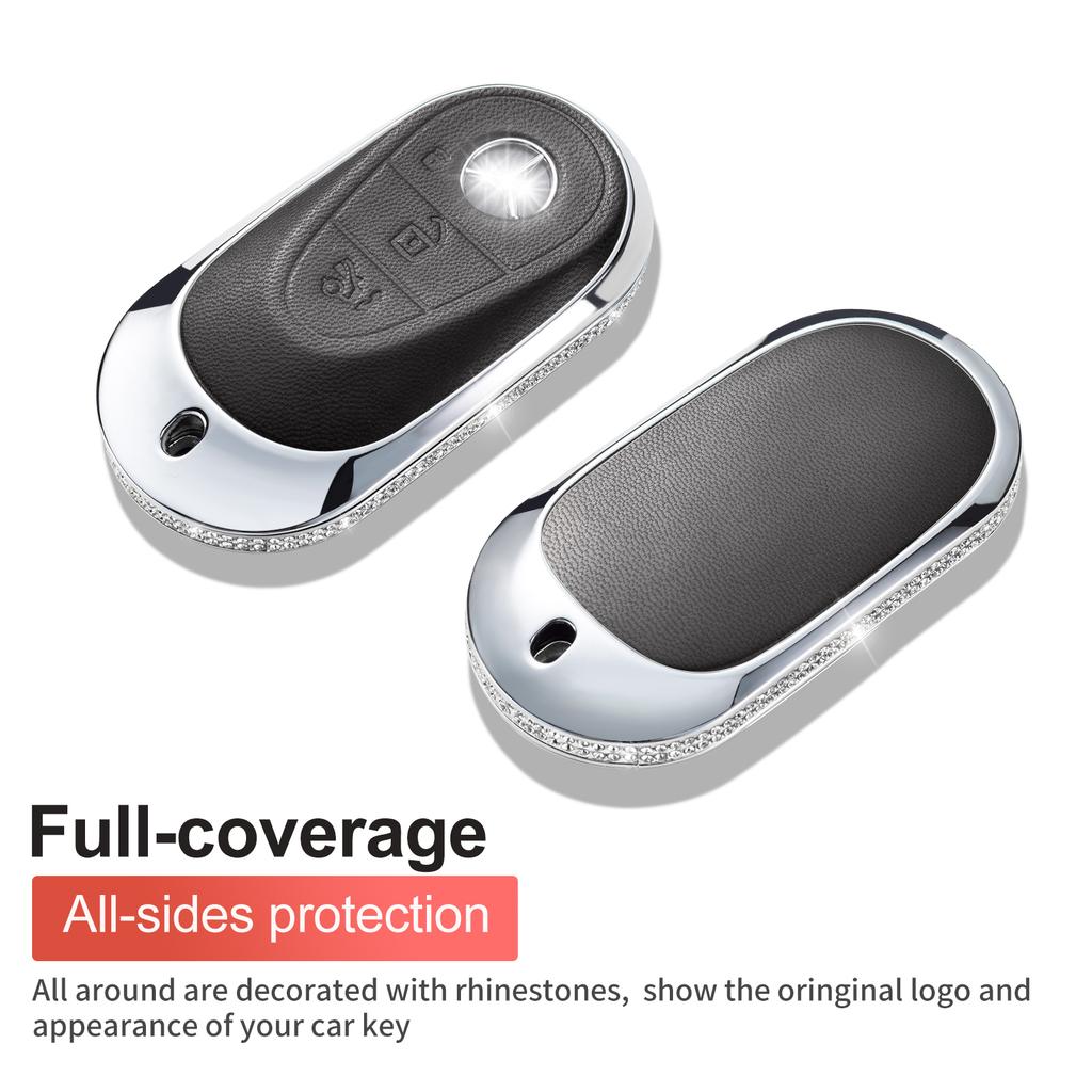 Compatible with Mercedes Benz Key Fob Cover with Keychain, Pink Genuine Leather Crystal Key Case Protection Shell Fit for 2020