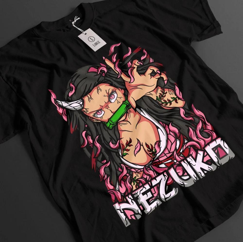 Anime Demon Slayer Nezuko Pink Flame Black TShirt Gift For Otaku S