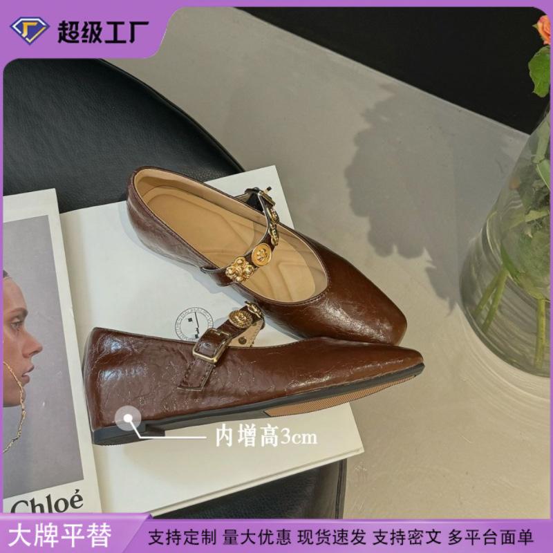 French round head thick heel flat bottom shallow mouth single shoes women's spring and autumn 2025 new versatile one-word buckle with Mary Jane