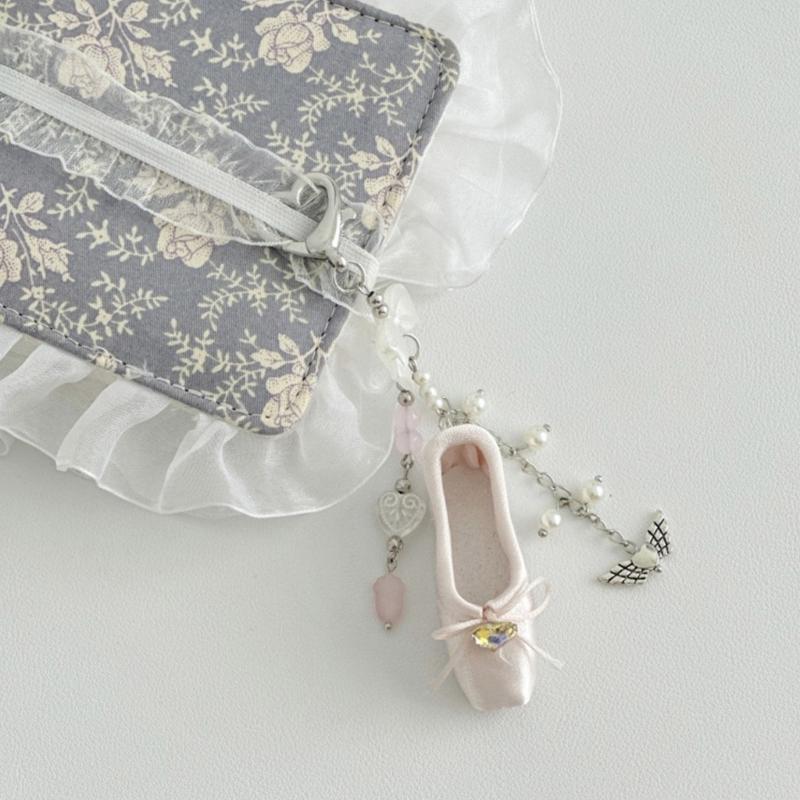 Pink Dance Shoes Keychain Delicate Ribbons Bowknot Keyring for Bags Backpacks Phone Charm Romantics Phone Strap Ornament
