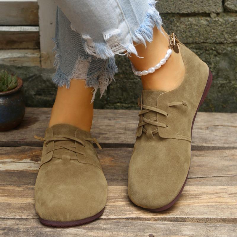 Sapatos casuais femininos de bico fino com cadarço, estilo vintage, planos, de bico baixo, para uso diário e dirigir