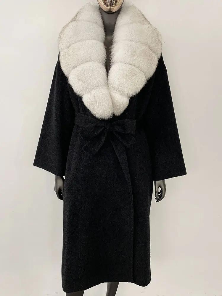 OFTBUY Kabát z pravé kožešiny 2024 Nadměrný dámský svrchní oděv Zimní dámská bunda s límcem z přírodní liščí kožešiny Kapuce Kašmírová vlněná směs Kabát