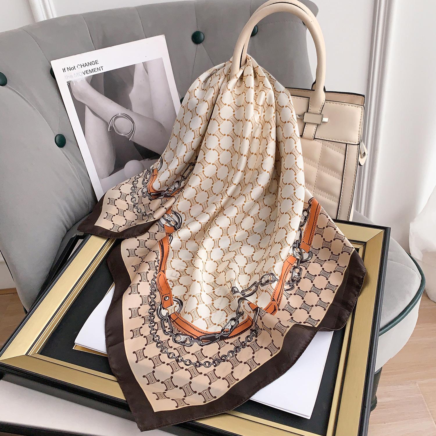 

Новый шелковый шарф с цепочкой женский весенне-летний тонкий шарф из искусственного шелка декоративный для защиты шеи маленький шарф 70*70cm