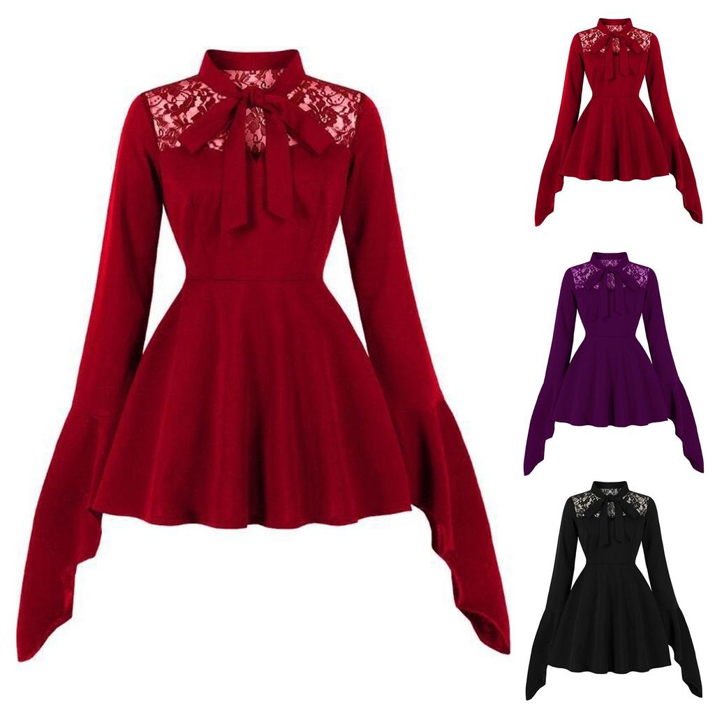 Women's Clothing, Heavy Embroidery, Lace Patchwork, Bow, Bat-sleeve Dress, Performance Costume