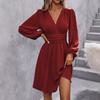 Autumn Winter V Neck Lantern Sleeve Pleated Waist Dress
