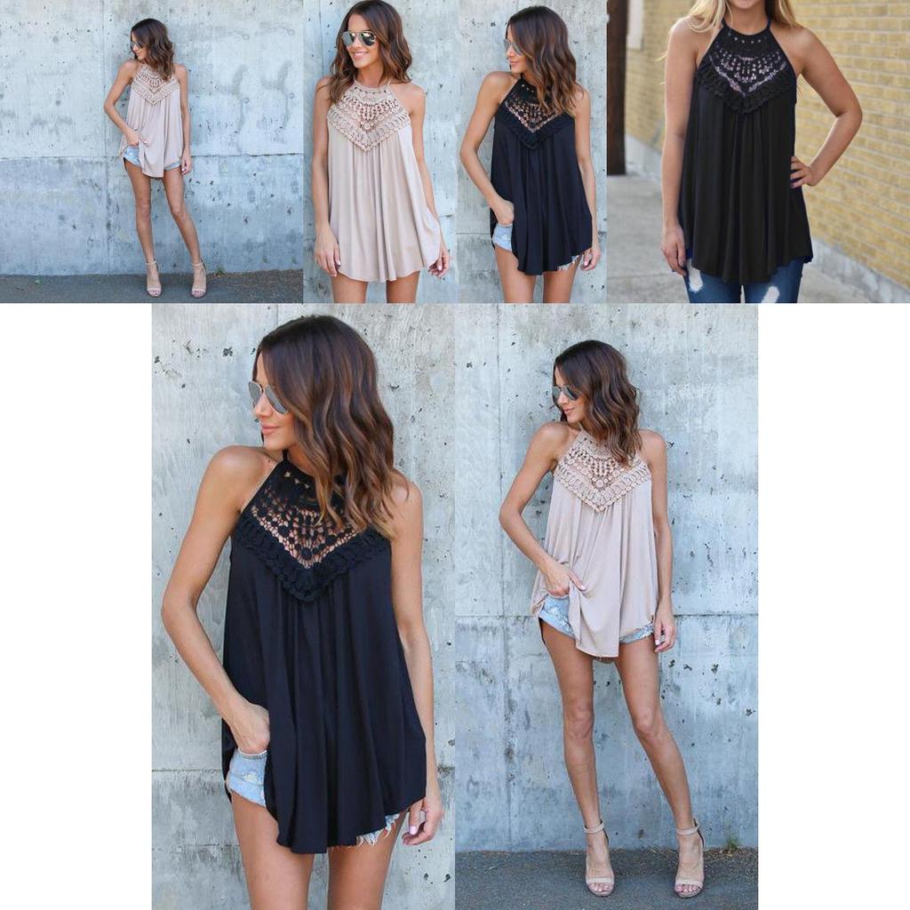 European Style Loose Fit Sleeveless Cotton T Shirt With Lace Splicing For Casual Women