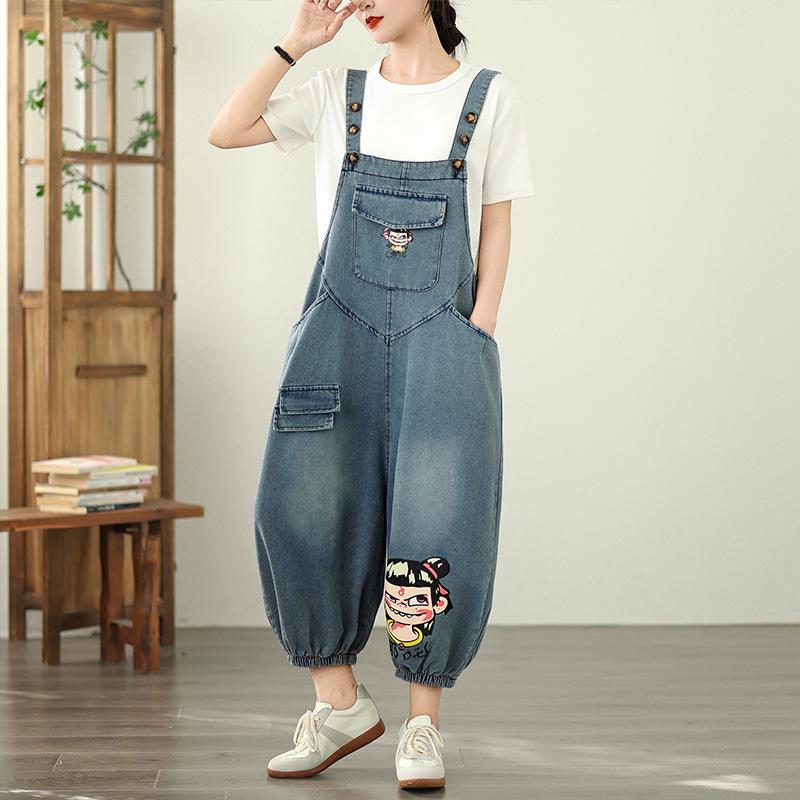 

Джинсовый комбинезон 2025 Новый Свободный Повседневный Модный Декаль 7/8 Джинсовый Комбинезон Женский Уличный Стиль Повседневные Женские Джинсы Брюки 2XL синий