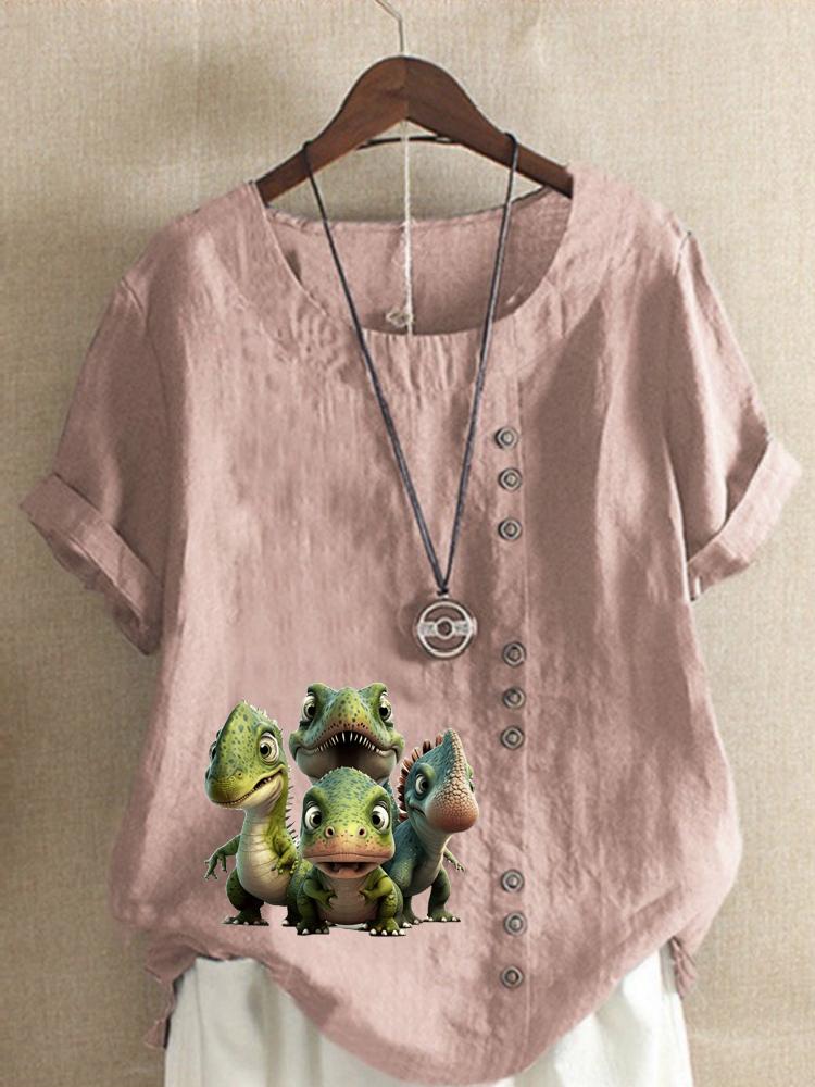 Women's Fashion Dinosaur Print Round Neck Short Sleeve T-shirt Casual Cotton Linen Graphic Shirt Leisure Loose Summer Blouse Tops