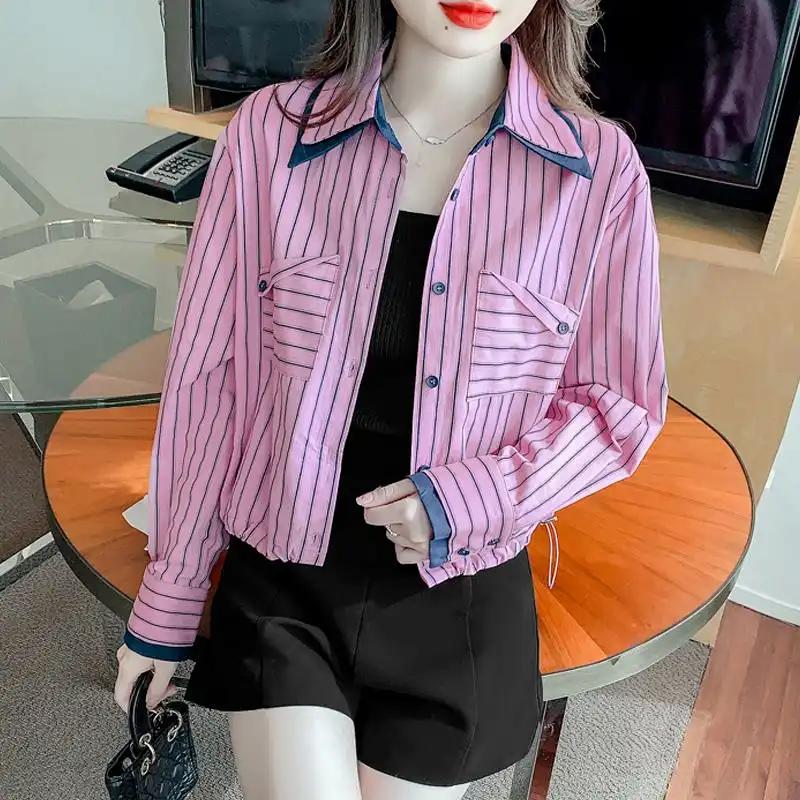 

Autumn Women s Striped Long-sleeved Shirt French Loose Cardigan Short Coat Tops Blouses S рожевий