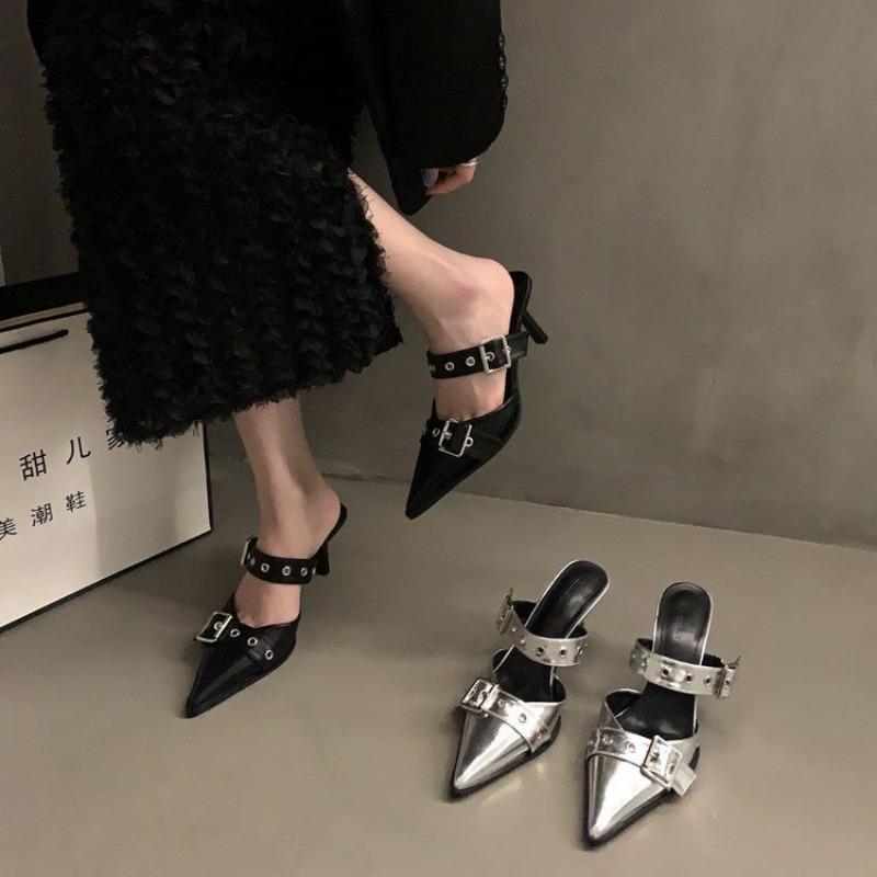 New Popular Punk Goth Metal Buckle High Heels Women's Sandals Summer Pointed Toe Silver Party Shoes Women's Pumps Shoes