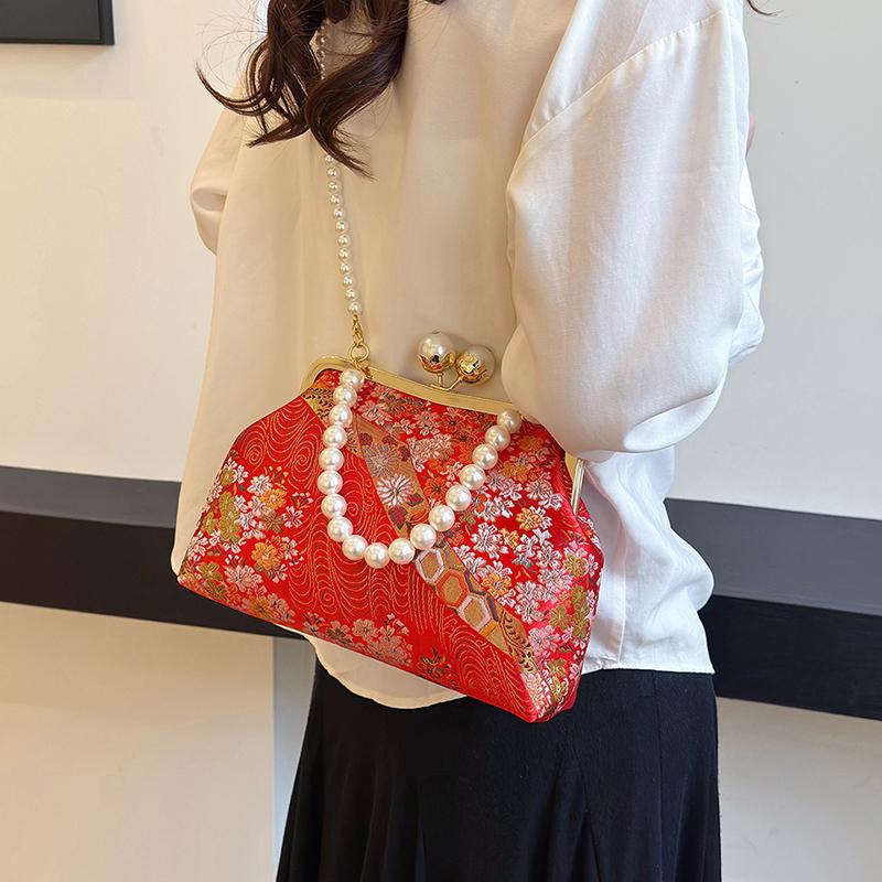 Kleine Umhängetaschen mit Stickerei im chinesischen Stil für Frauen 2024 Winter Luxushandtaschen Hochwertige Umhängetasche mit Perlen für den Abend