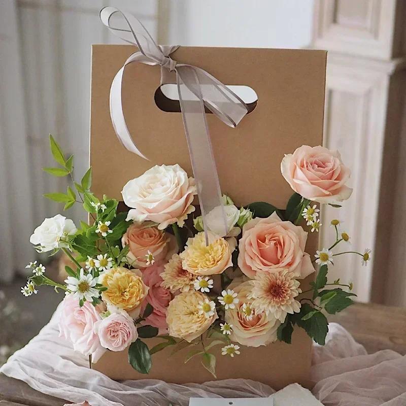 Handheld Bag with Window Opening Flower Box Kraft Paper Multicolor Flower Box Teaching Materials for Floral Packaging  Gift Boxs