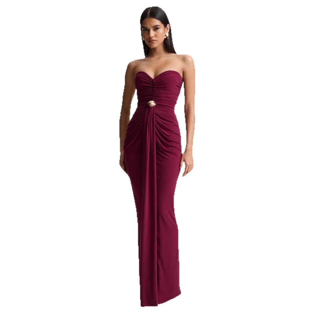 Women's spring new sleeveless waist pleated streamer dress temperament slim tube top dress skirt