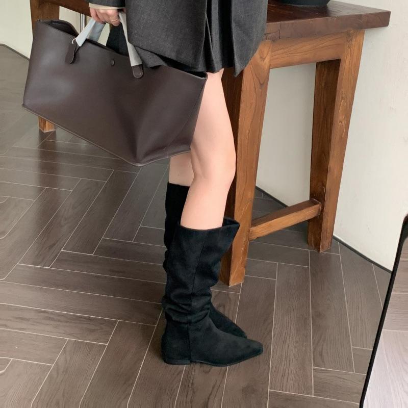 Western Cowboy Boots Women's Coarse Heel Suede Low Heel Skinny Big Tube Around Long Tube But Knee Retro Folded Pile Boots Women