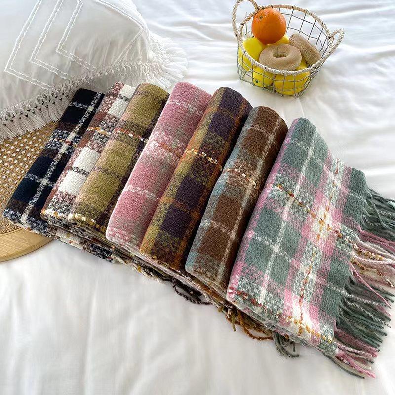Autumn Winter Korean Campus Style Cheese Plaid Design Soft Faux Cashmere Tassel Warm Scarf