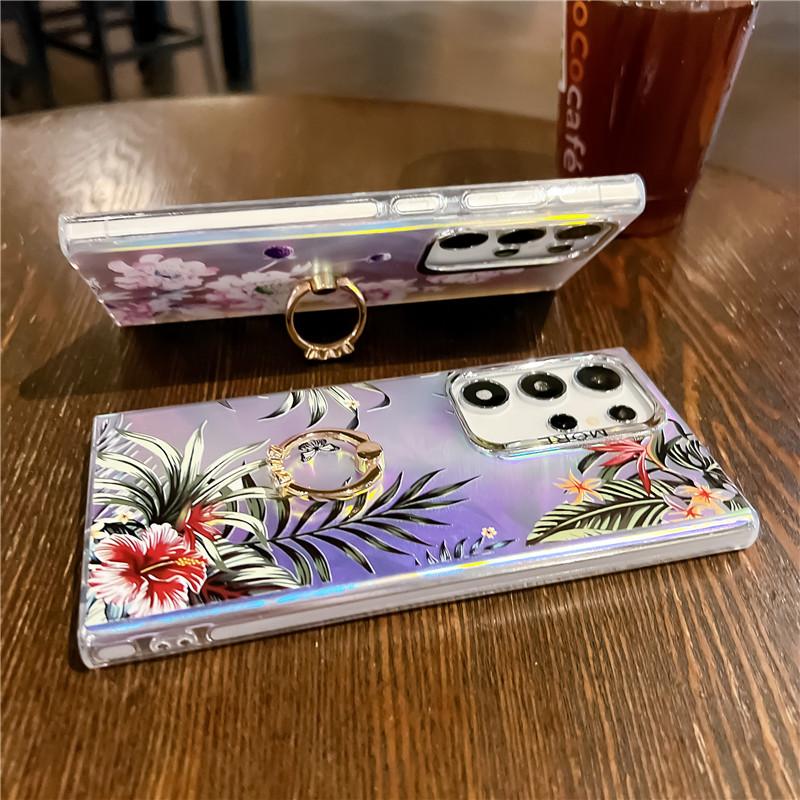 Diamond Ring Phone Holder Raser Case for Samsung A25 A54 A55 A15 A35 A14 A34 S24 Plus S22 Ultra S23 FE Flower Leaf Bling Cover