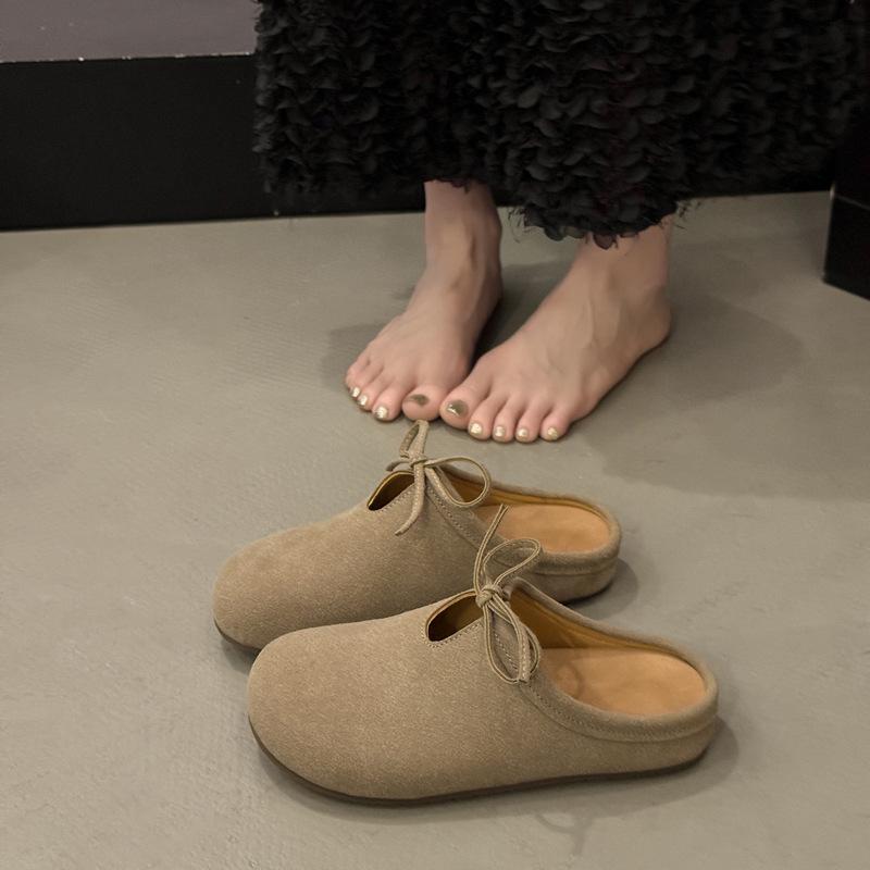 Japanese Small Fresh Mori Suede Slippers Women's 2025 Autumn New Outer Wear Lace-up Lazy Muller Thick-bottomed Bag Head Drag