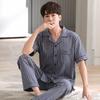 Summer Men's Short Sleeve Pajamas Set & Long Pants Male Loungewear Plus Size Cardigan Cotton Middle-aged Dad Pijamas Hombre