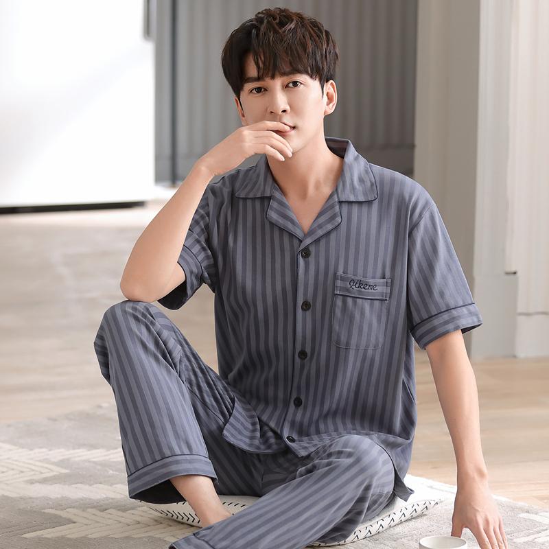 Summer Men's Short Sleeve Pajamas Set & Long Pants Male Loungewear Plus Size Cardigan Cotton Middle-aged Dad Pijamas Hombre