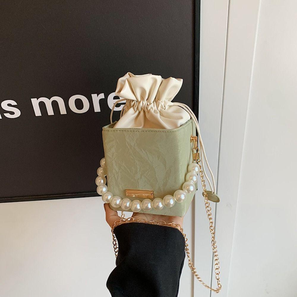 Pearl Waist Bag Fashion Chain Handbag Gifts All-match Drawstring Handbag Vintage Shoulder Crossbody PU Leather Small Square Bag